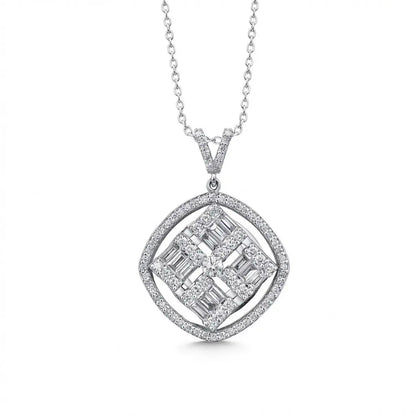 14ct/14K White Gold Natural Diamond Pendant – Geometric Baguette Diamond Halo 1.03ct