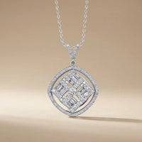 14ct/14K White Gold Natural Diamond Pendant – Geometric Baguette Diamond Halo 1.03ct