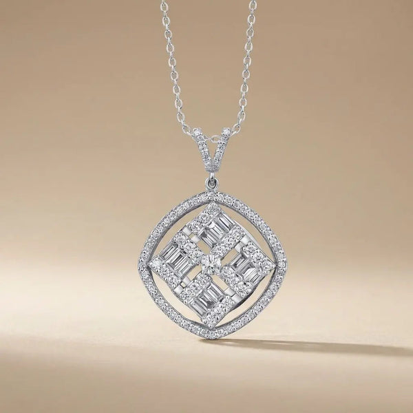 14ct/14K White Gold Natural Diamond Pendant – Geometric Baguette Diamond Halo 1.03ct