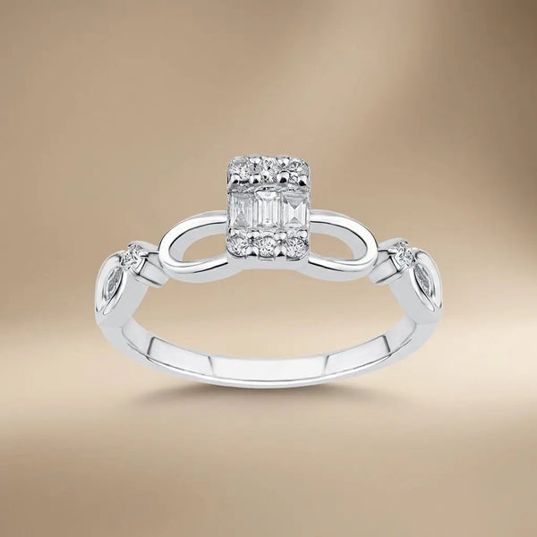 14ct/14K White Gold Natural Diamond Ring – Infinity Diamond with Baguette Center 0.1ct