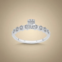 14K White Gold Natural Diamond Ring – Hexagon Diamond with Baguette Center 0.18ct