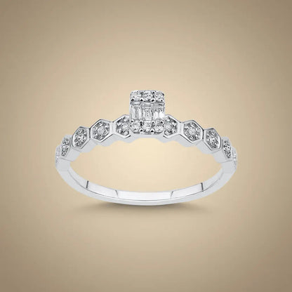14K White Gold Natural Diamond Ring – Hexagon Diamond with Baguette Center 0.18ct