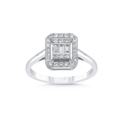 14ct/14K White Gold Natural Diamond Engagement Ring – Emerald Halo Baguette Diamond 0.29ct