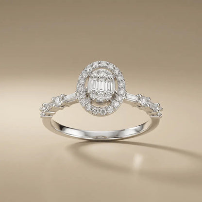 14ct/14K White Gold Natural Diamond Engagement Ring – Oval Halo Baguette Diamond 0.44ct