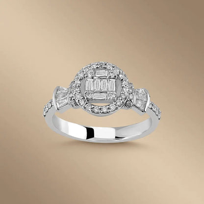 14ct/14K White Gold Natural Diamond Ring – Halo Baguette Diamond Cluster 0.52ct
