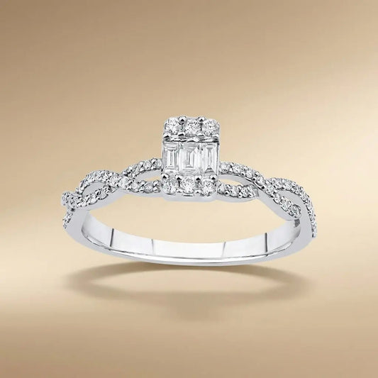 14ct/14K White Gold Natural Diamond Ring – Baguette Diamond Center with Pavé Infinity 0.31ct