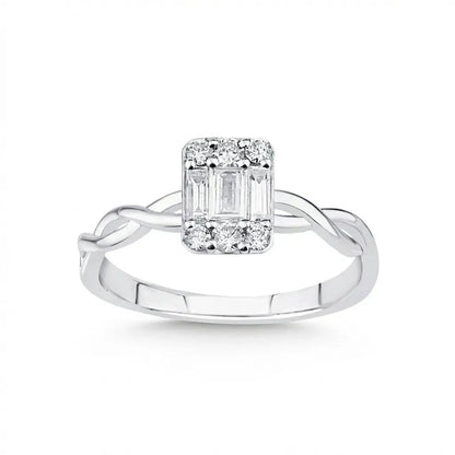 14ct/14K White Gold Natural Diamond Ring – Baguette Diamond Cluster with Twisted 0.34ct