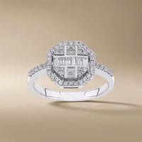 14ct/14K White Gold Natural Diamond Ring – Geometric Baguette Round Diamond Halo 0.5ct