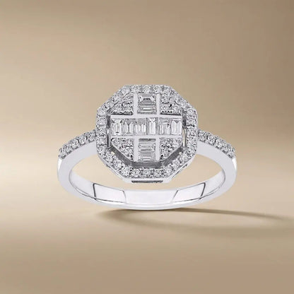 14ct/14K White Gold Natural Diamond Ring – Geometric Baguette Round Diamond Halo 0.5ct