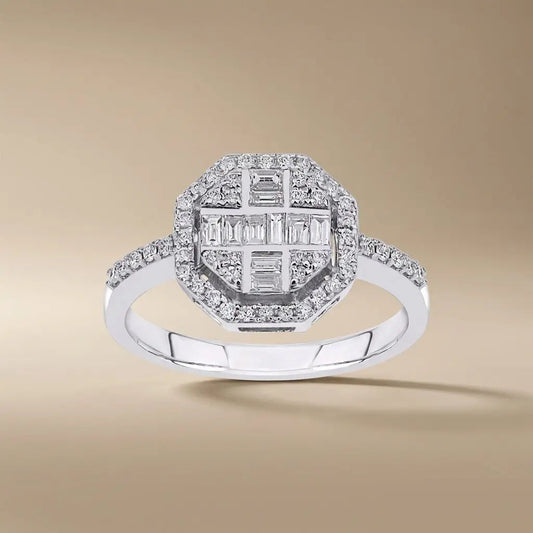 14ct/14K White Gold Natural Diamond Ring – Geometric Baguette Round Diamond Halo 0.5ct