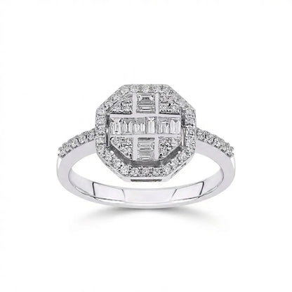 14ct/14K White Gold Natural Diamond Ring – Geometric Baguette Round Diamond Halo 0.5ct