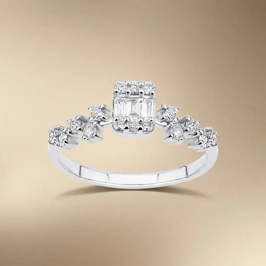 14ct/14K White Gold Natural Diamond Ring – Baguette Center Diamond with Round Diamond Accents 0.37ct