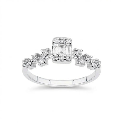 14ct/14K White Gold Natural Diamond Ring – Baguette Center Diamond with Round Diamond Accents 0.37ct