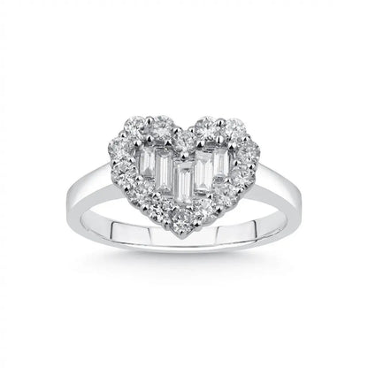 14ct/14K White Gold Natural Diamond Ring – Heart Shape Diamond Cluster with Baguette Center 0.81ct