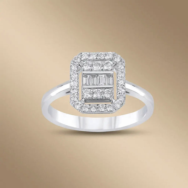 14ct/14K White Gold Natural Diamond Ring – Baguette Halo Diamond 0.57ct