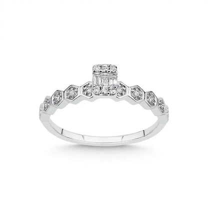 14K White Gold Natural Diamond Ring – Hexagon Diamond with Baguette Center 0.18ct