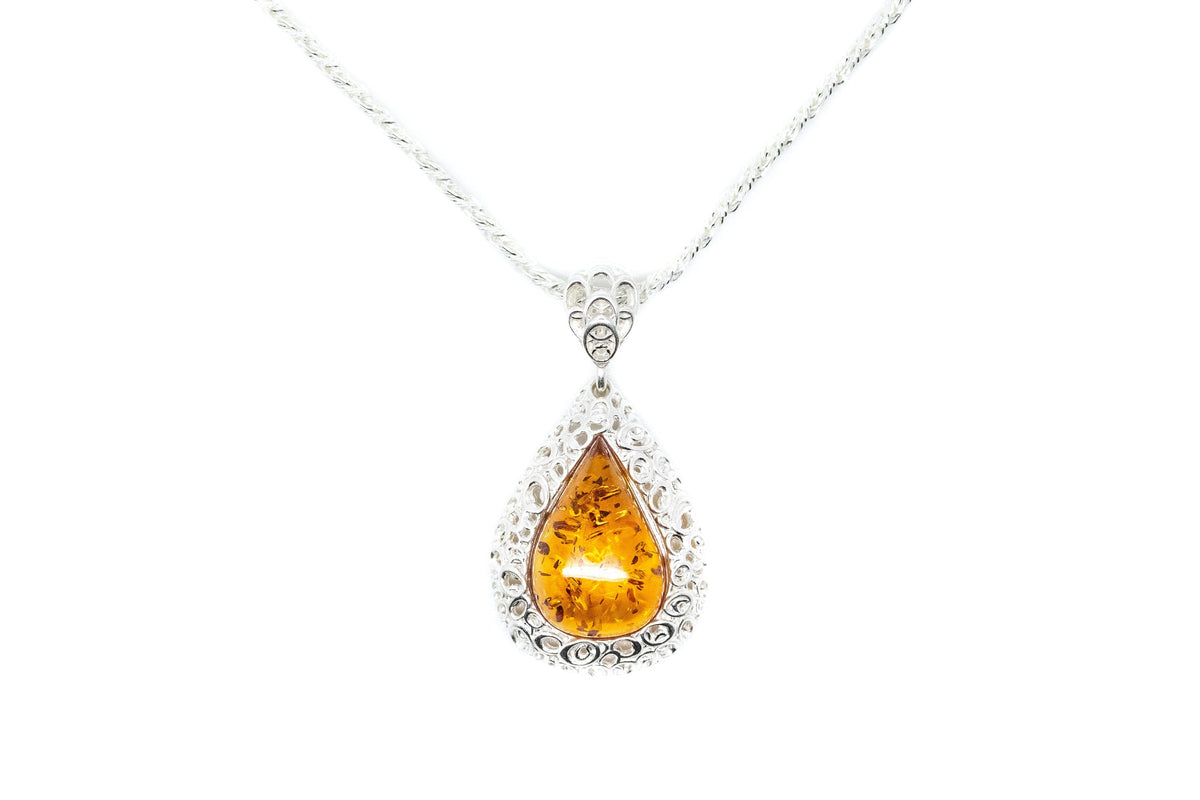 Pendentif Gouttelette Ambre Cadre Filigrane