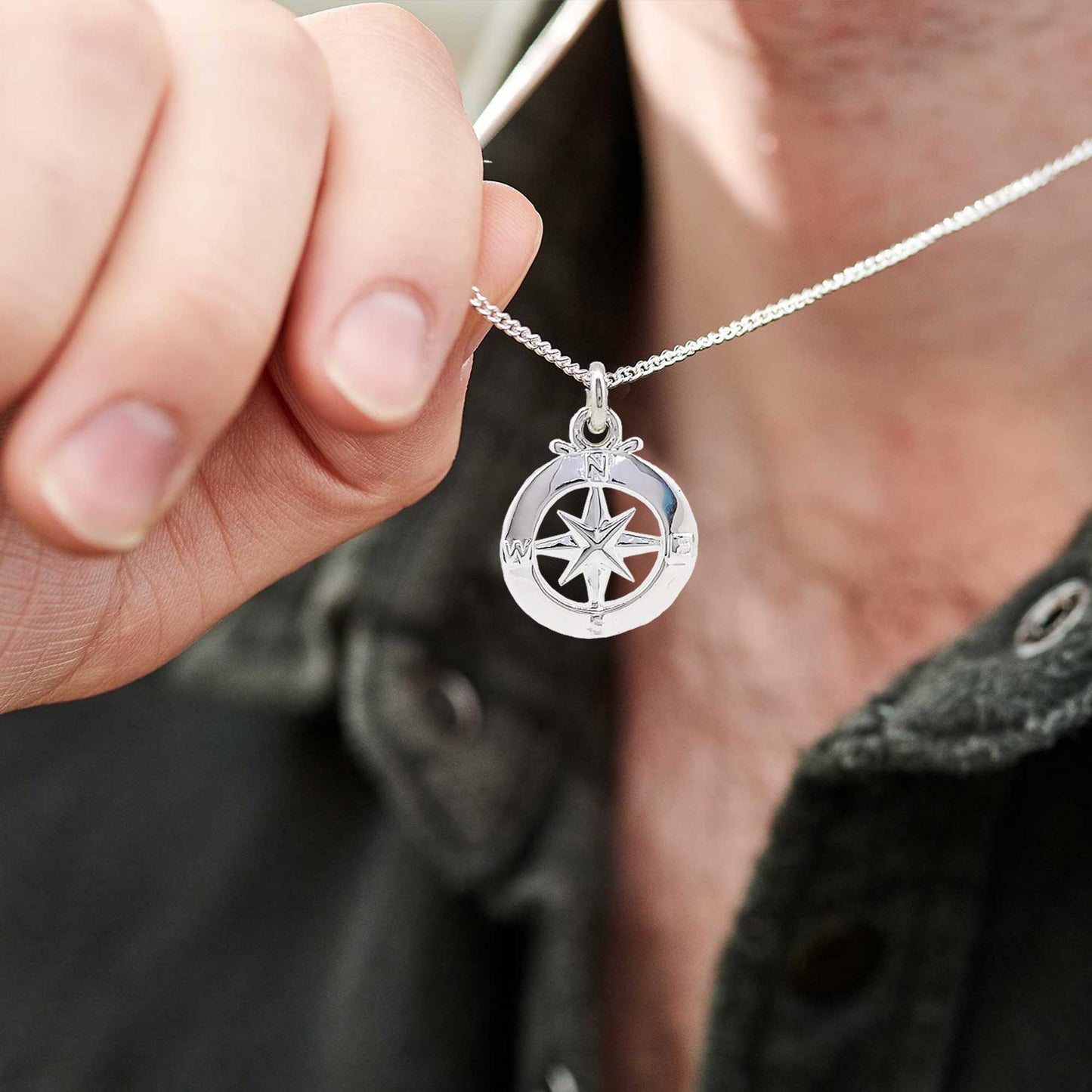 Enamel Outline Compass Large St Christopher Silver Necklace