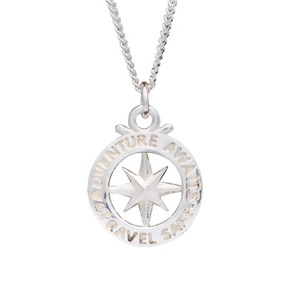 Travel Safe Outline Compass Large St Christopher Silver Necklace