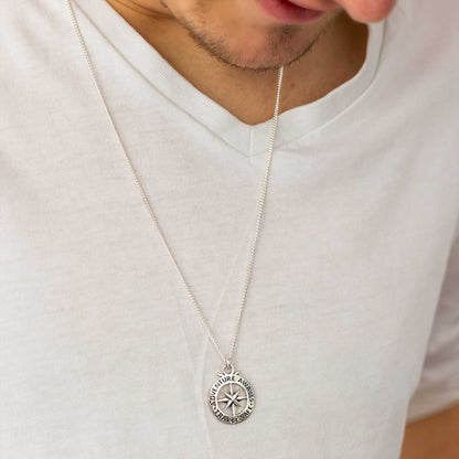 Travel Safe Outline Compass Large St Christopher Silver Necklace