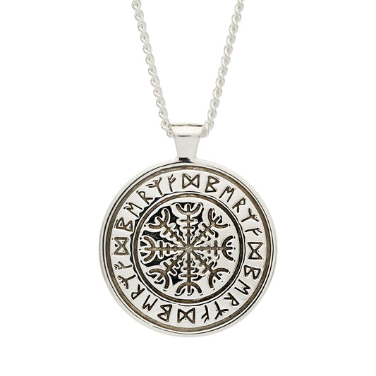 A silver Viking rune necklace with personalized engraving, displayed on a wooden background, by Scarlett Jewellery.