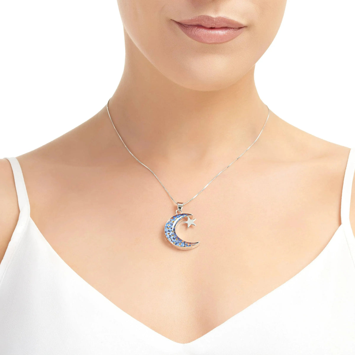Forget-Me-Not Moon & Star Pendant Necklace