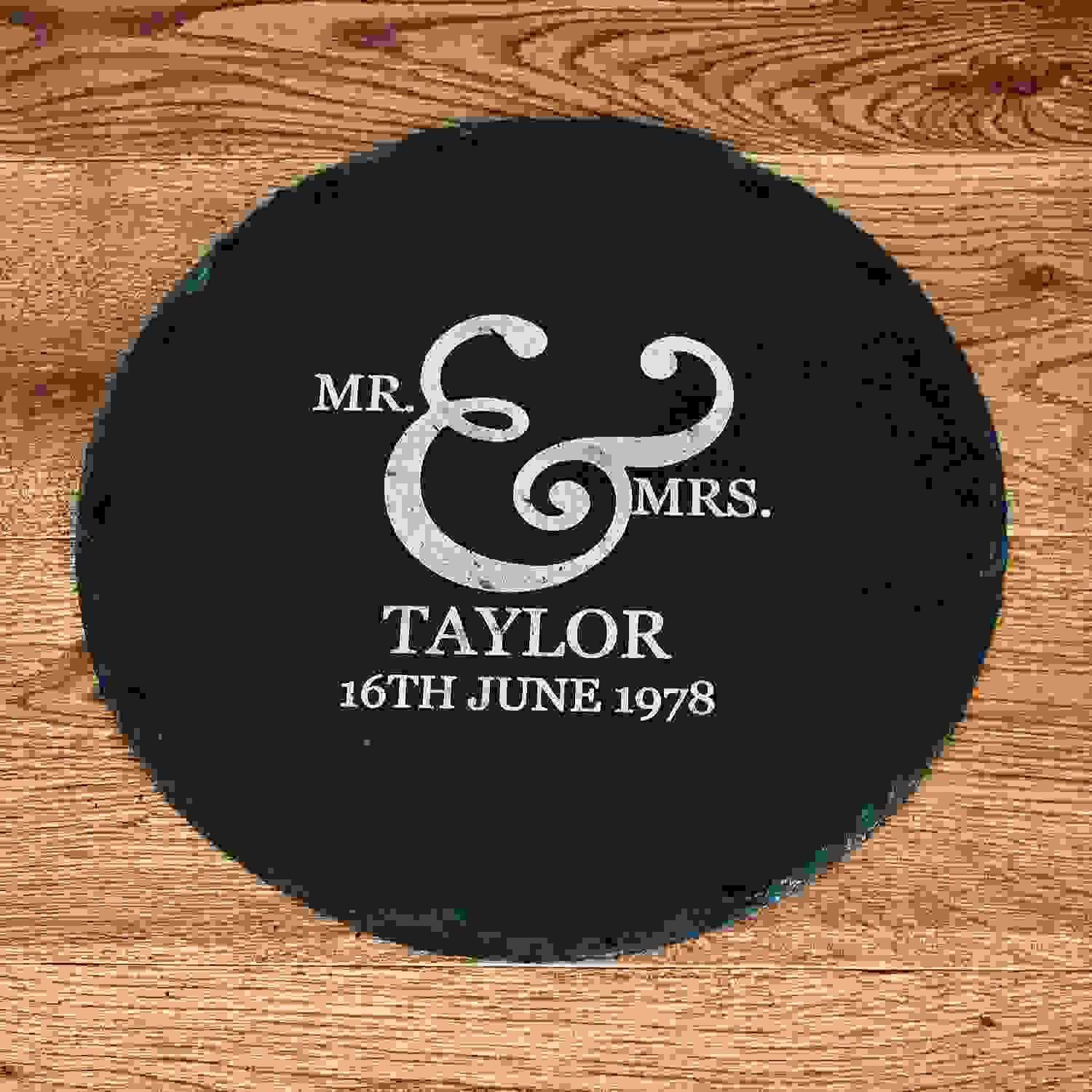 Personalised Romantic Couples Ampersand Round Slate Cheese Board