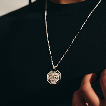 Octagon Vegvisir Viking Rune Personalised Silver Necklace