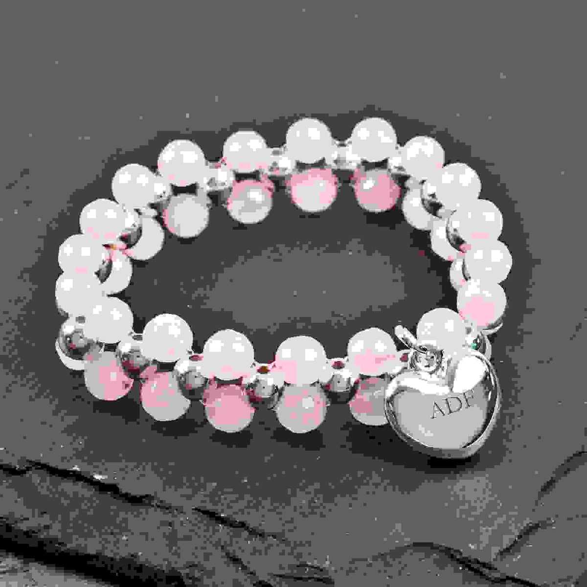 Personalised Rose Quartz and Silver Heart Beaded Bracelet