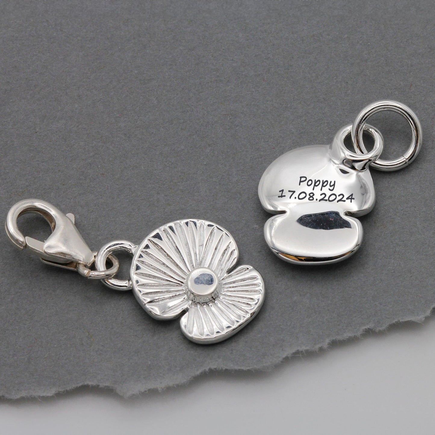 Poppy Flower Personalised Silver Charm