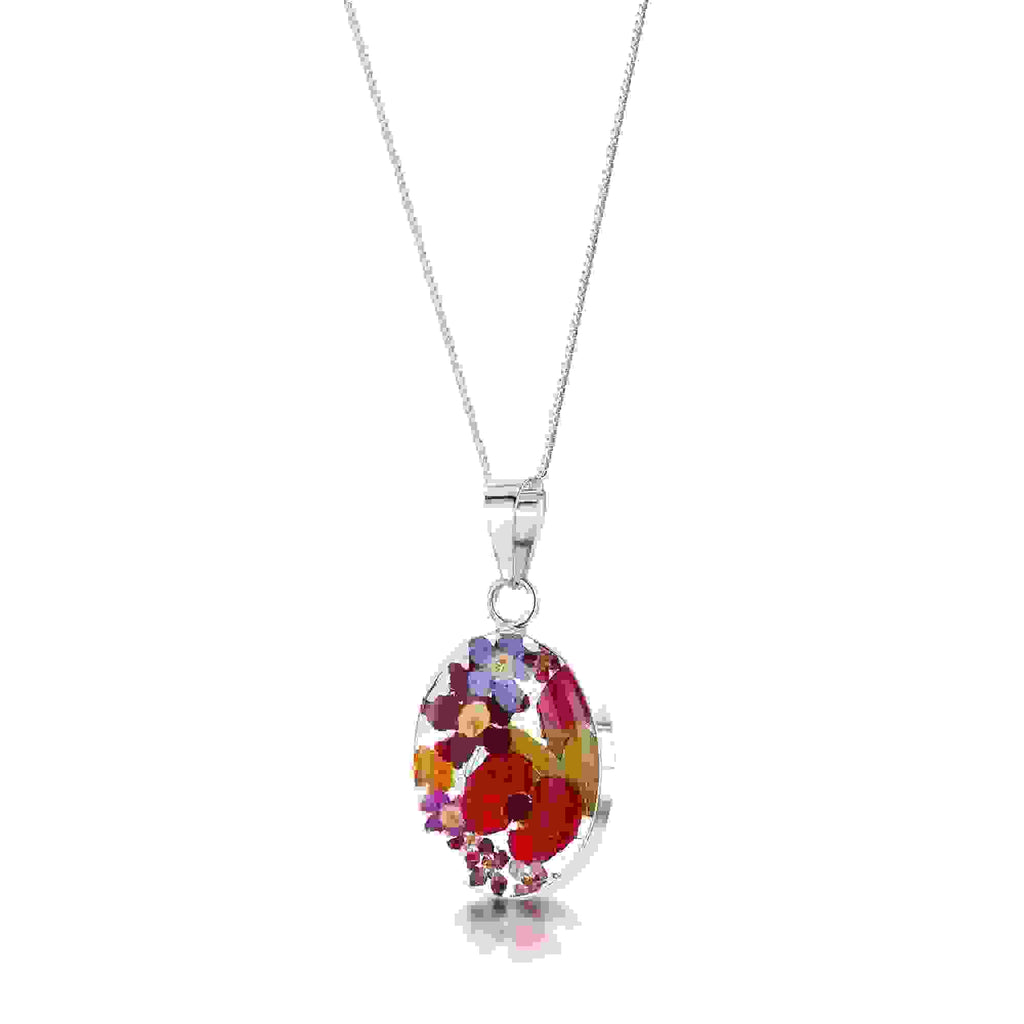 Mixed Flower Oval Pendant Necklace