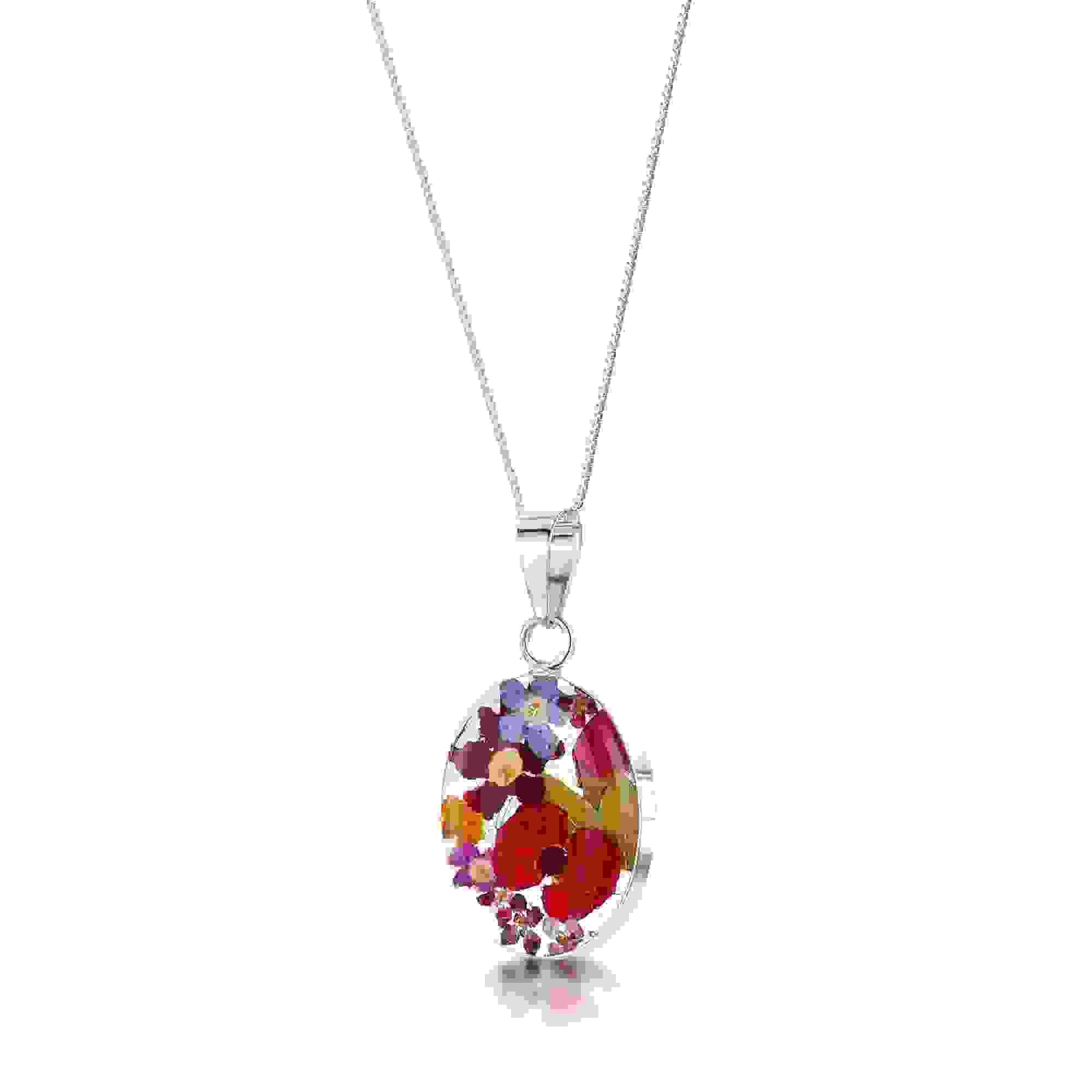 Mixed Flower Oval Pendant Necklace