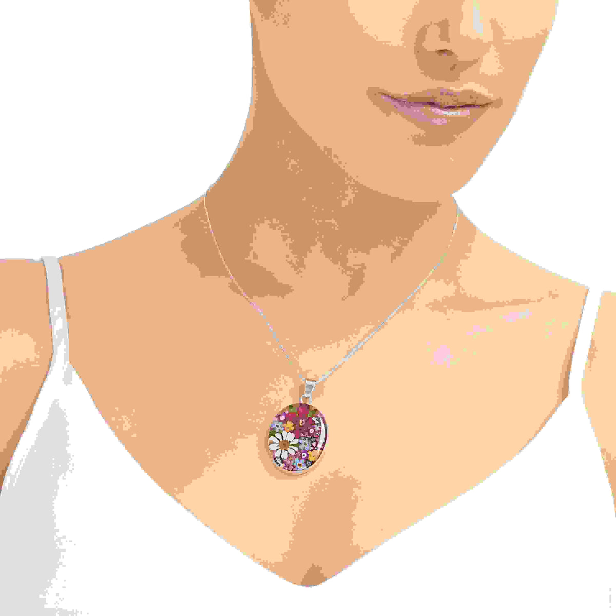 Mixed Flower Large Oval Pendant Necklace