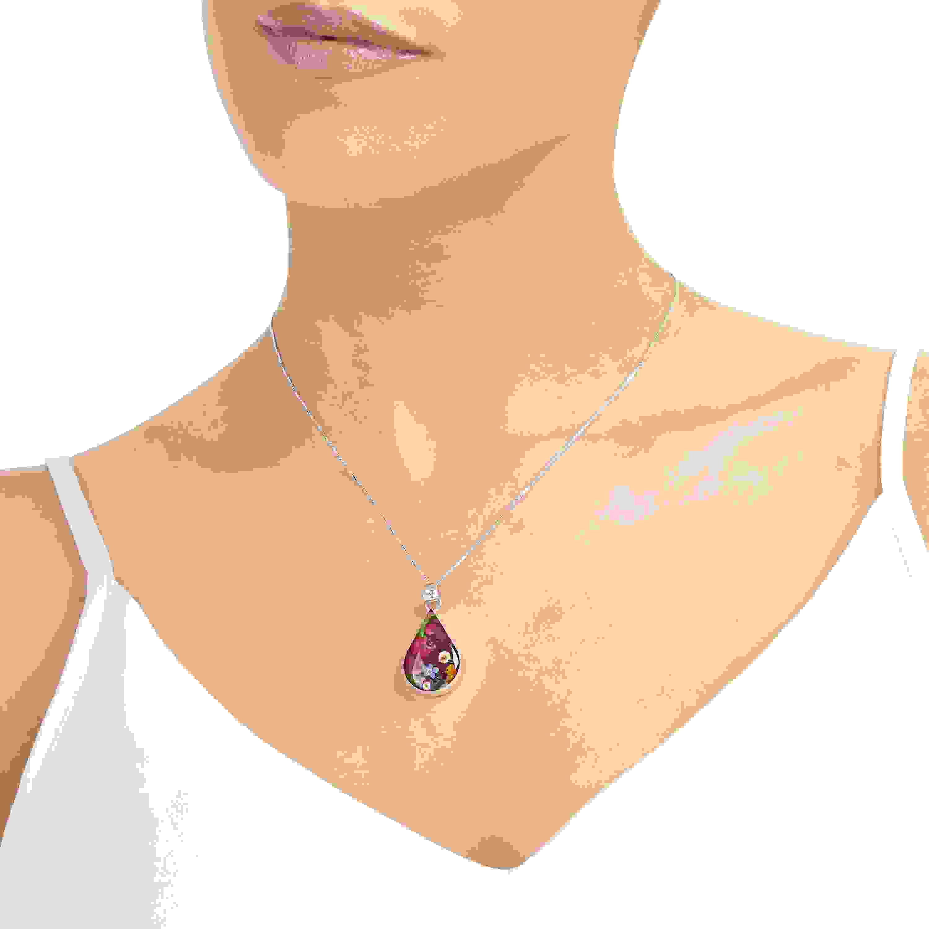 Mixed Flower Teardrop Pendant Necklace