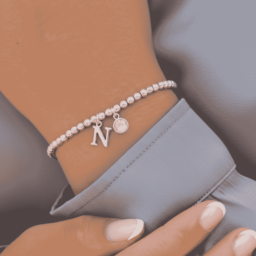 Initial & October Birthstone Bracelet | Personalised Stretch Bead Bracelet