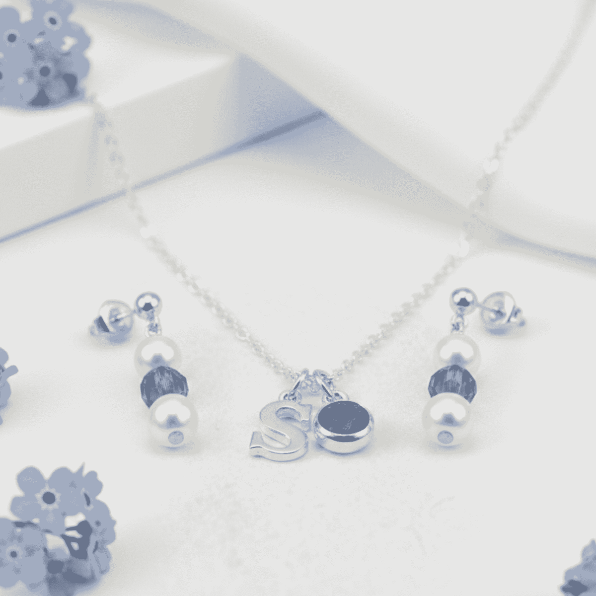 September Birthstone Jewellery Set | Pearl & Sapphire Earrings + Personalised Necklace