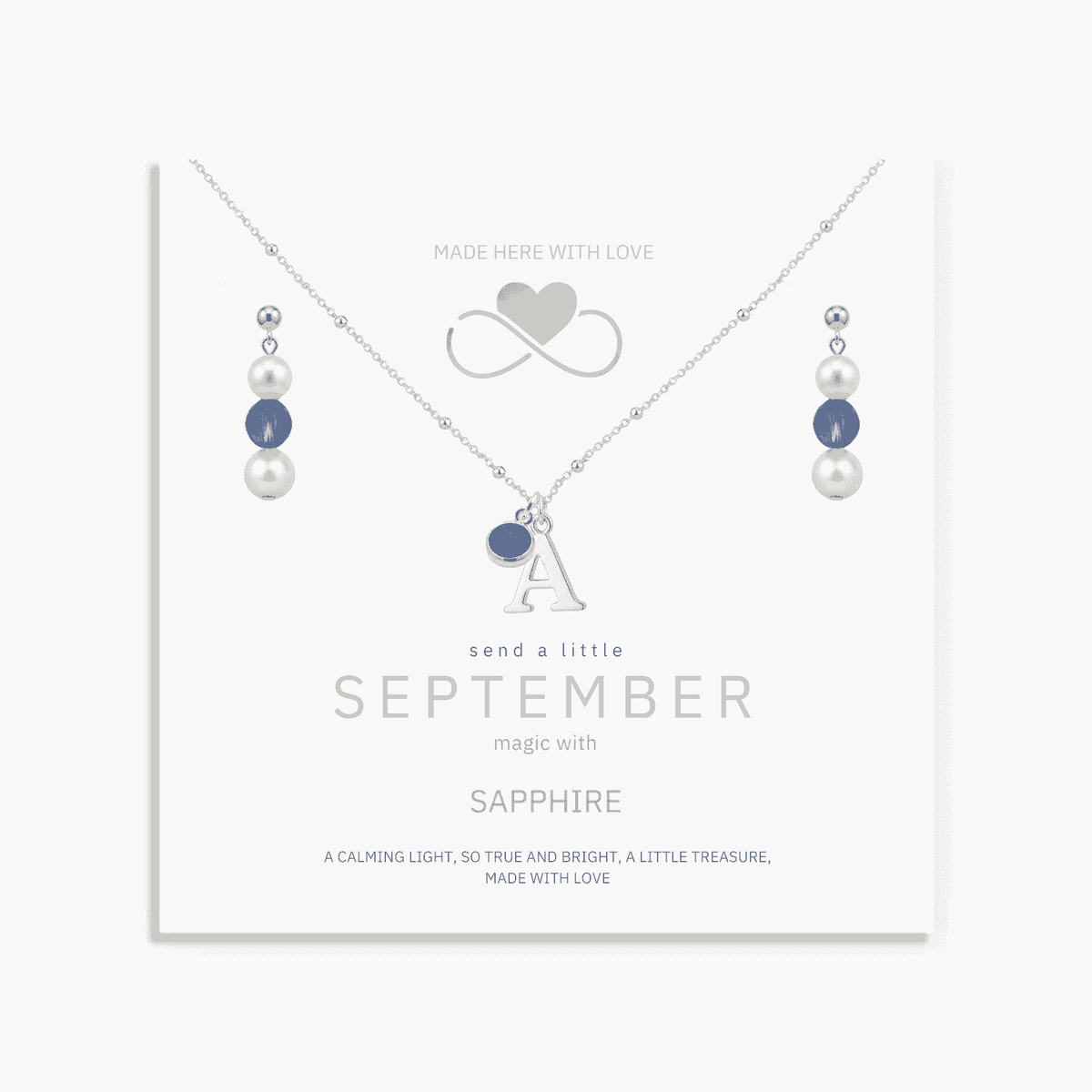 September Birthstone Jewellery Set | Pearl & Sapphire Earrings + Personalised Necklace