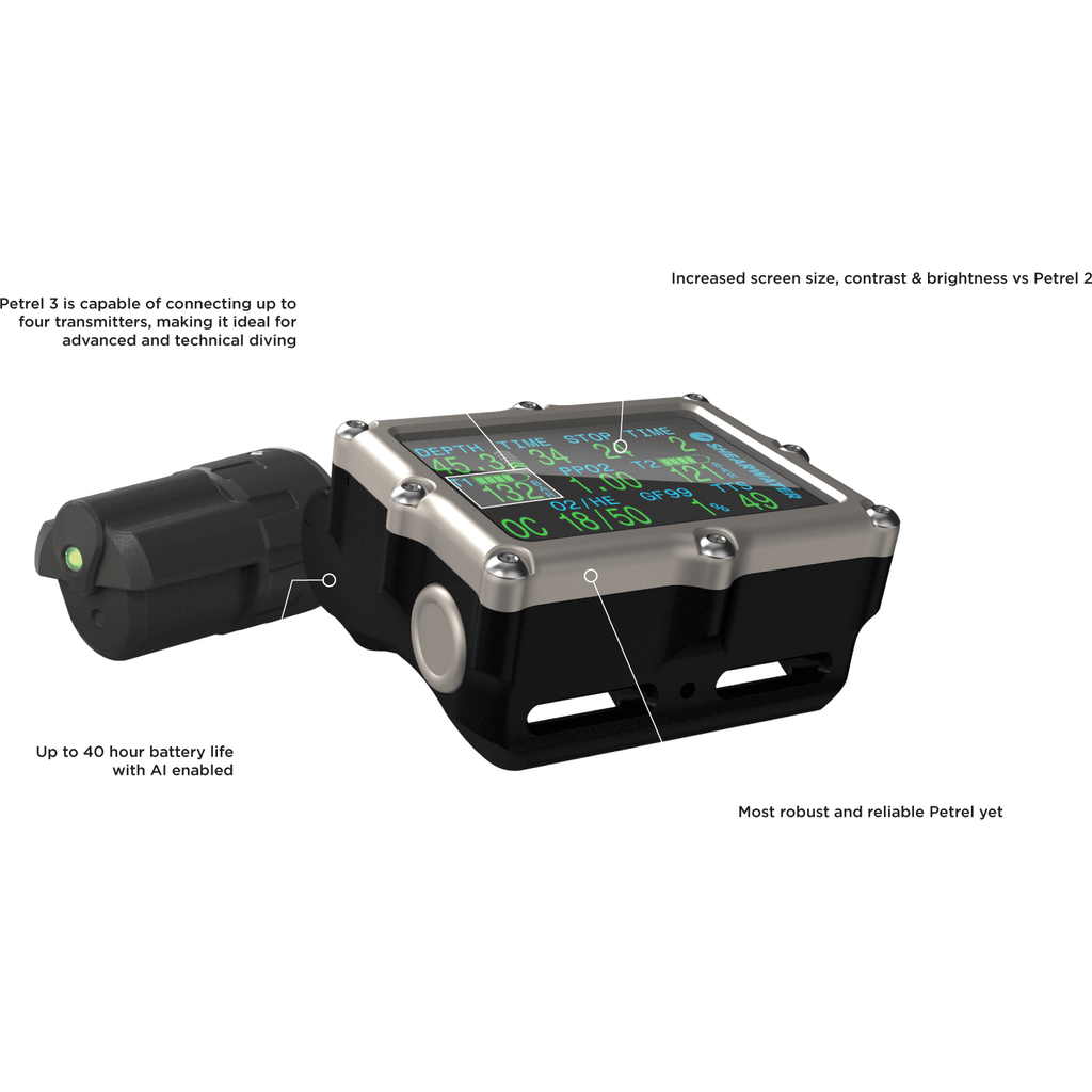Ordinateur de plongée Shearwater Petrel 3 – AMOLED 2,6", gestion d'air, Trimix OC et CCR