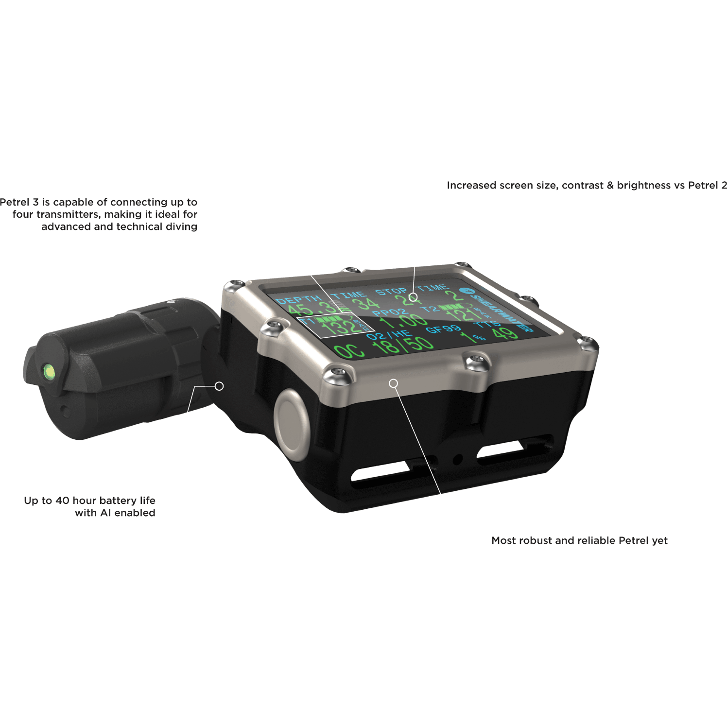 Ordinateur de plongée Shearwater Petrel 3 – AMOLED 2,6", gestion d'air, Trimix OC et CCR