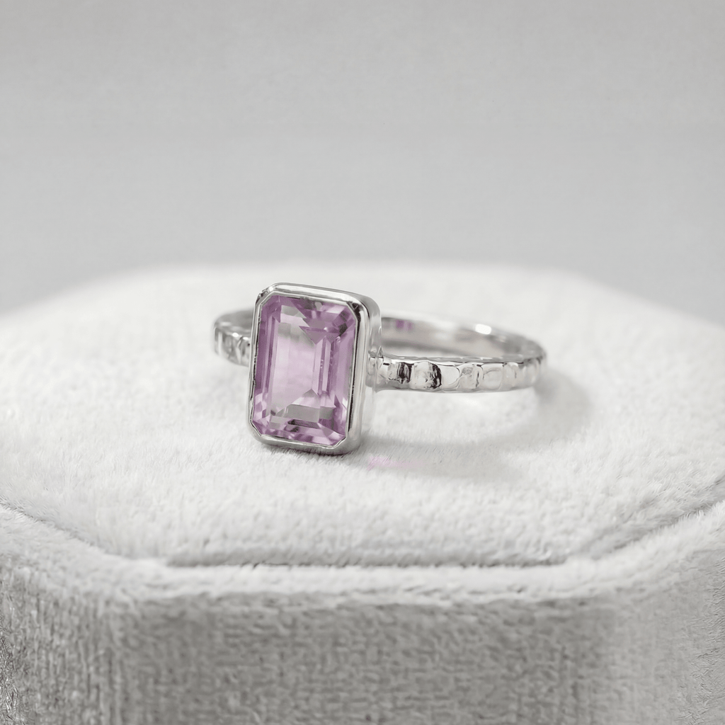 Bague améthyste lavée par les marées - Améthyste octogonale et anneau martelé