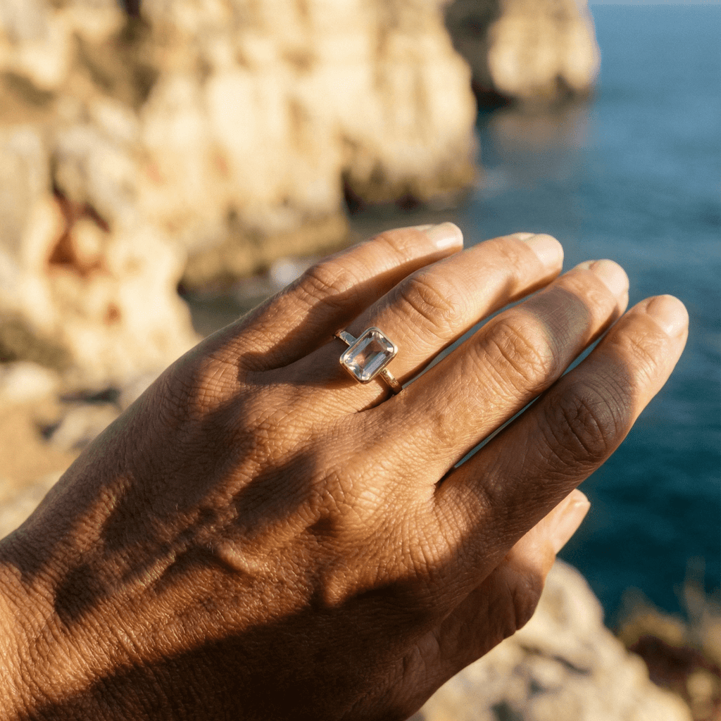 Bague améthyste lavée par les marées - Améthyste octogonale et anneau martelé