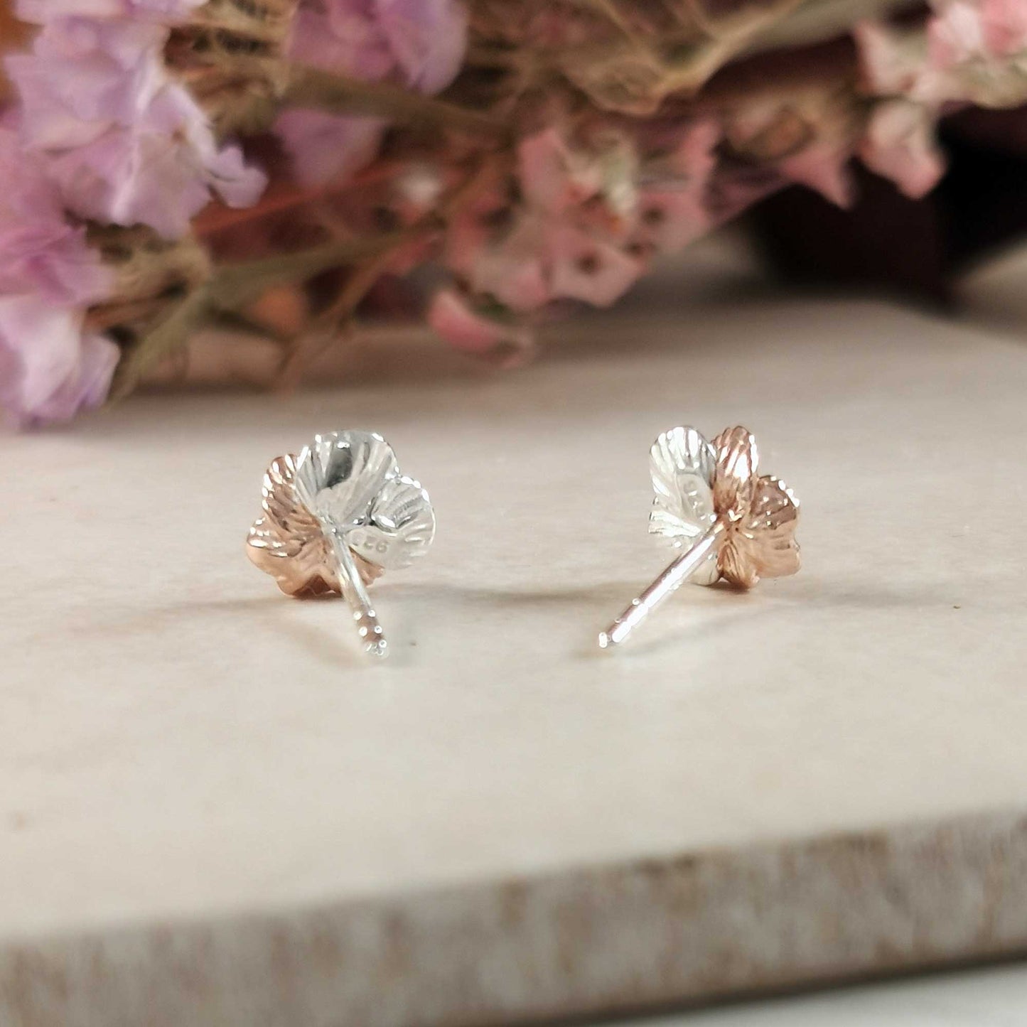 Violet Flower Silver & Rose Gold Stud Earrings