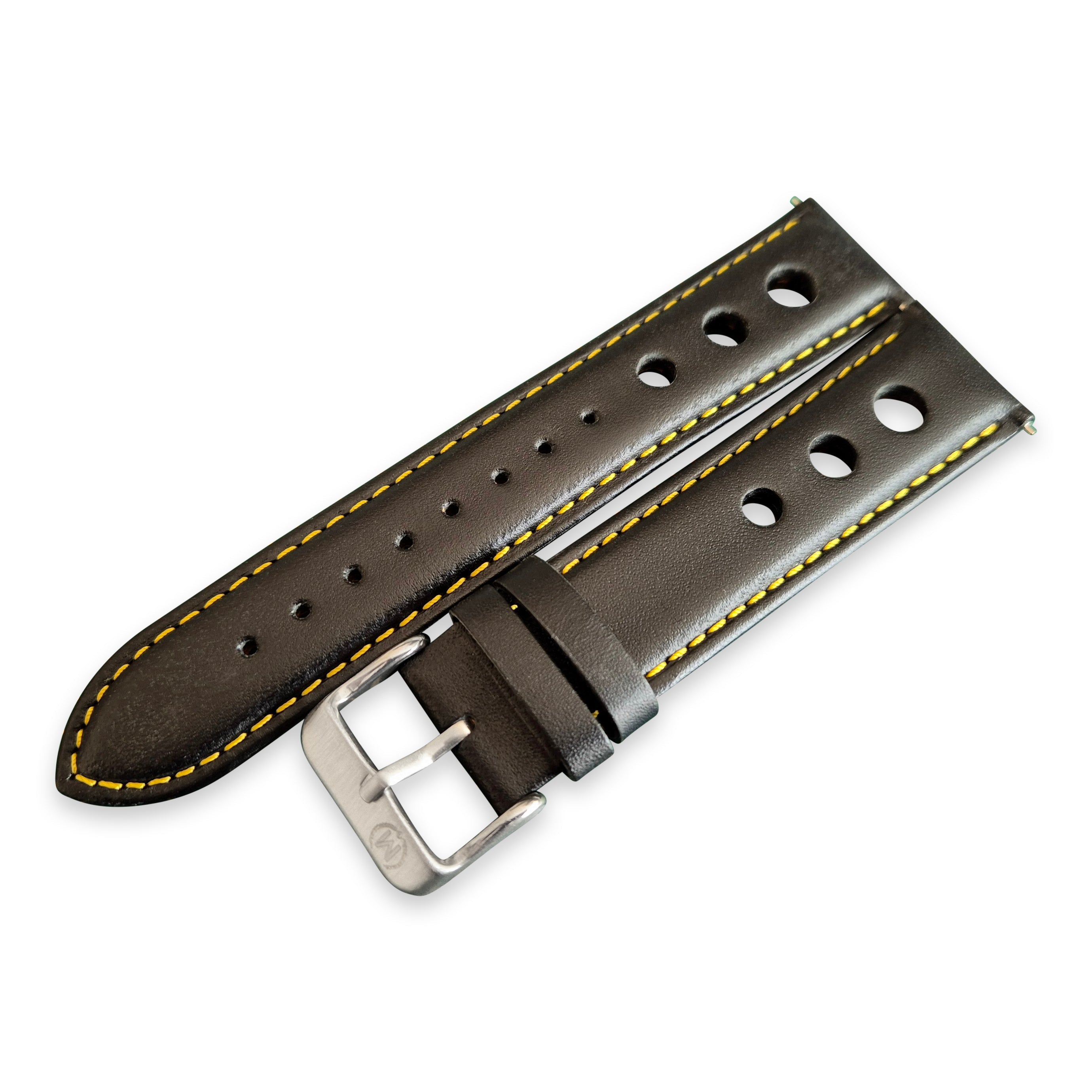 Bracelet de montre en cuir noir et jaune type Rally Hole