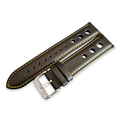 Black And Yellow Leather Rally Hole Watch Strap - SJR London Timepiece