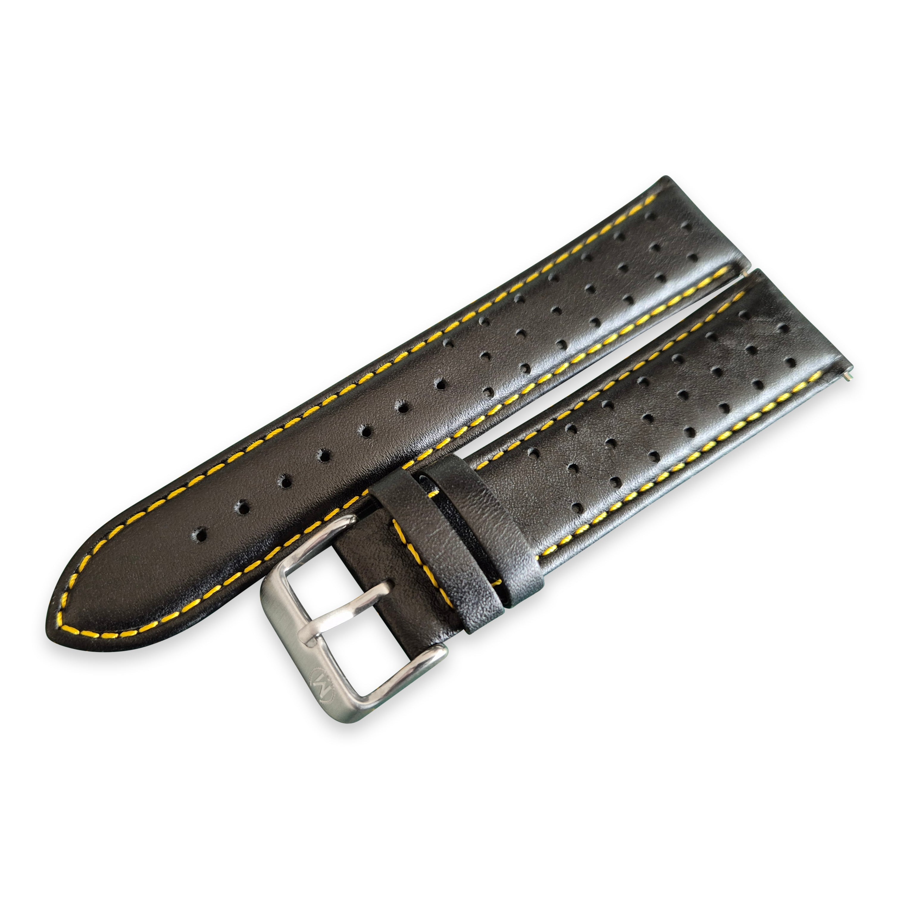 Bracelet de montre rallye en cuir noir et jaune